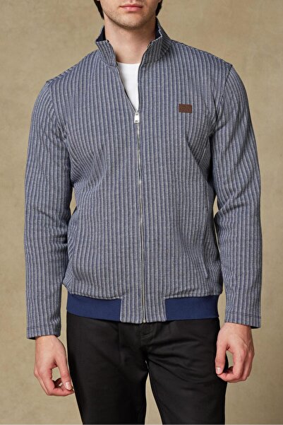 Abbate Edon Knitted Fabric Cotton Modern Fit Navy Blue Mock Neck Men's Stripe...