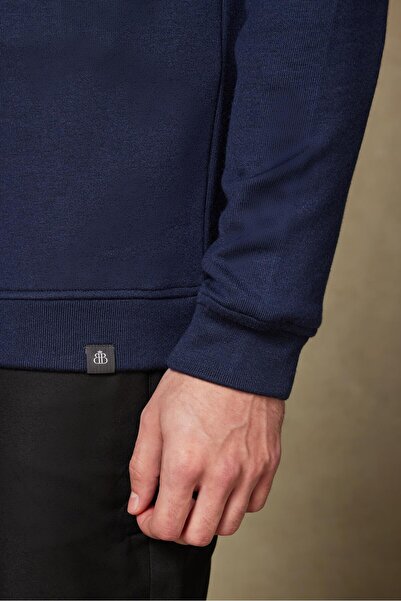 Abbate Fiero Örme Kumaş Viskon Karışımlı Modern Fit Lacivert Dik Yaka Erkek Düz Sweatshirt