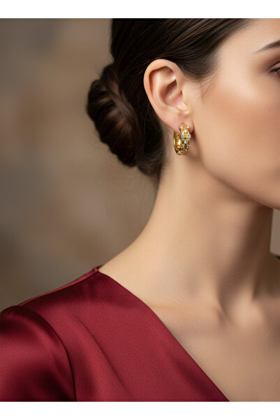 Elmosia Jewelry أقراط دائرية من الحجر الذهبي بتصميم فولاذي لا يتأكسد، أقراط ن...