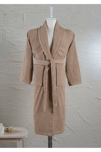 Ellaline Beige Striped Bathrobe 100% Certified Cotton Shawl Collar Unisex Bat...