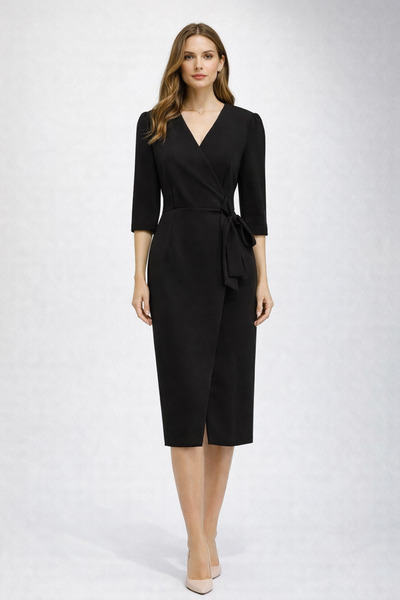 AYHAN Women's Black Double Breasted Avelop Three Quarter Crepe Elegant Dress