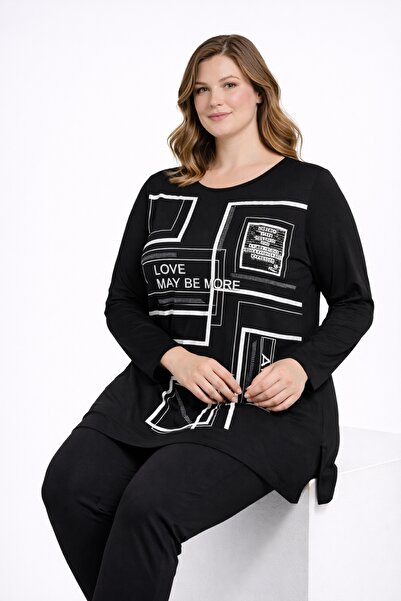 Şans Жіночий великий розмір чорний, з принтом і камінцями, блуза з боковим ро...