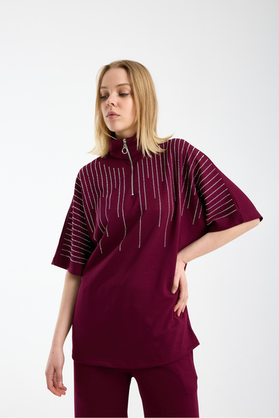 DAİSİES Women's Zippered Modal Fabric Stone Detailed Oversized Piece Set