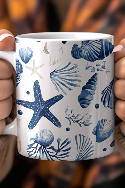 YasBey DESIGN Mavi Deniz Kabuğu Ve Deniz Yıldızı Desenli 330ml Baskılı Beyaz ...