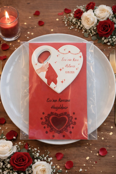 Caldium Store Kartlı Poşetli Kalpli Açacak Magnet Kına için Kişiye Özel 25 Adet