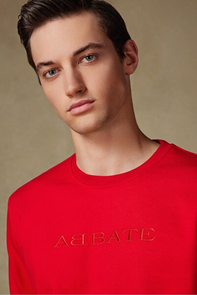 Abbate Sweatshirt Örme Kumaş Pamuklu Comfort Fit Kırmızı Bisiklet Yaka Erkek Nakışlı Sweatshirt