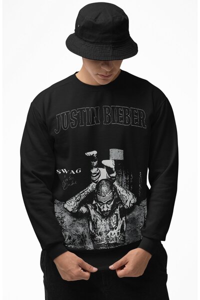 Fuddy Moda سويت شيرت قصة فضفاضة جاستن بيبر سواج مطبوع بدون قلنسوة للجنسين