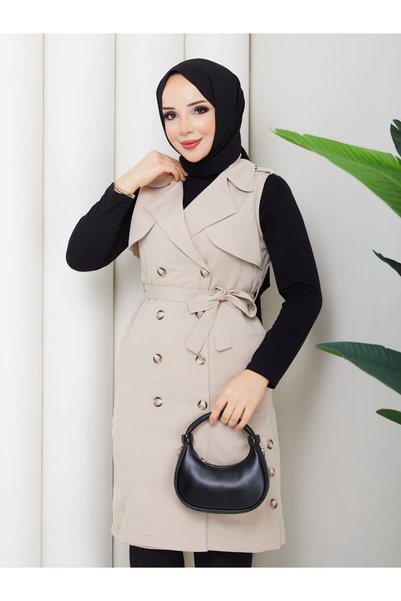 NURSİDA Women's Belted Buttoned Pocketed Sleeveless Trench Vest