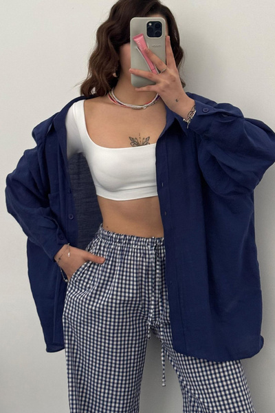 İlayda Toprak Sofıra Ekose Bol Paça Lacivert Eşofman Altı