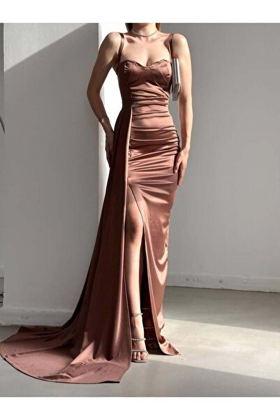 Modafeminen Kahve Heart Neckline Off-The-Shoulder Straps Glop Slit Fish Long ...