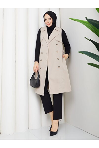 NURSİDA Kadın Kuşaklı Düğmeli Kolsuz Trenç Yelek