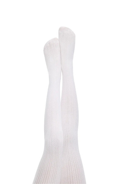 Penti Children's White Curved Line Striped Patterned Thick Muslin Pantyhose