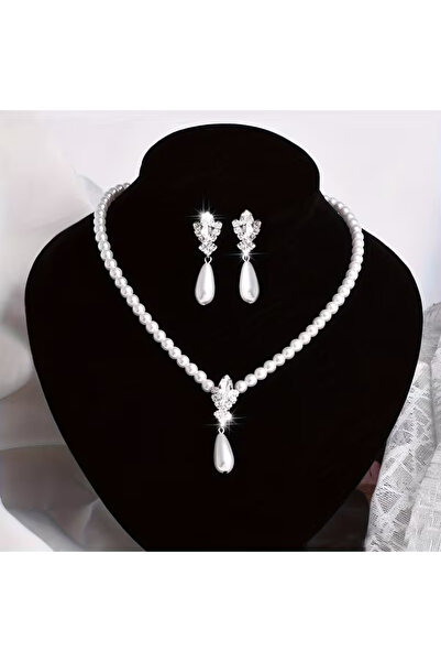 esplendor İnci Gelin Kolye ve Küpe Seti – Minimalist Markiz Taşlı Düğün Takı ...