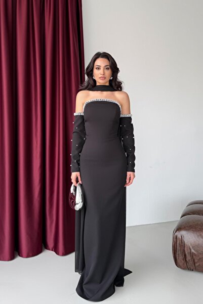 Serica Moda Rochie de seară cu mâneci false și eșarfă cu detalii de perle negre