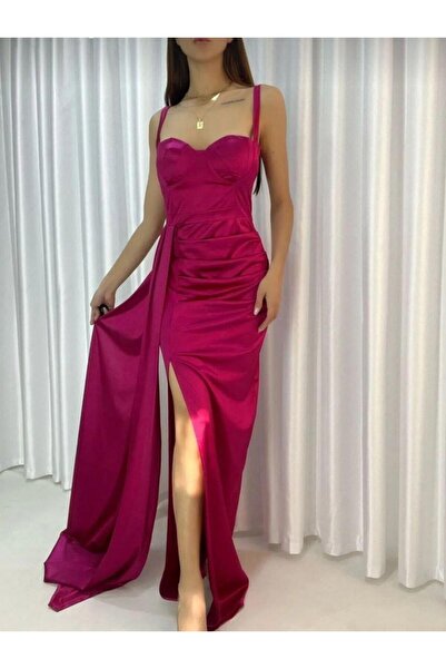 Modafeminen Fuchia Heart Neckline Off-The-Shoulder Straps Glop Slit Fish Long...