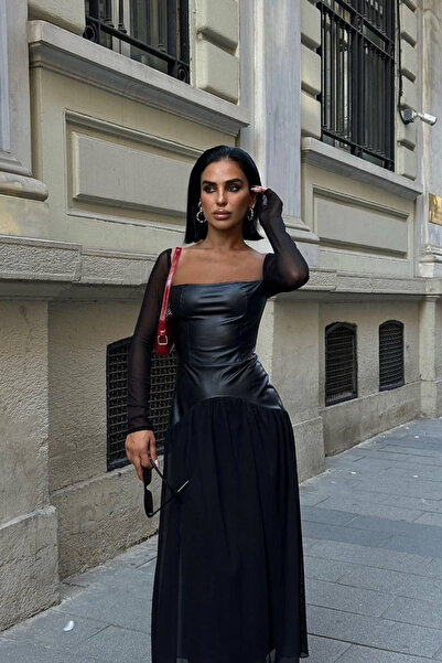 Love Fab Φόρεμα με τετράγωνο λαιμόκοψη με δερμάτινο κορσέ και λεπτομέρεια από...