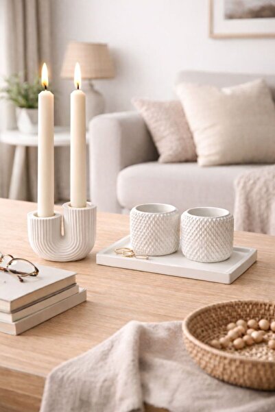 MirayDesign Minimal Dekoratif Mumluk & Altlıklı 2’li Obje Seti – İskandinav S...