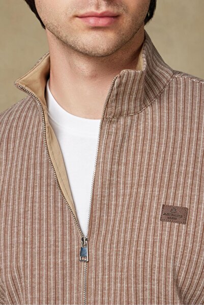 Abbate Edon Örme Kumaş Pamuklu Modern Fit Kahverengi Dik Yaka Erkek Çizgili Sweatshirt