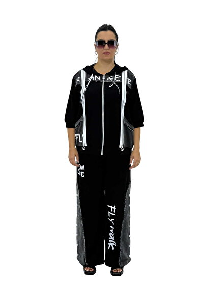 Sortie Plus Size Capri Sleeve Zipper Detailed Mesh Hooded Leg Buttoned Double...