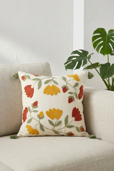 Mokita Home Husă de pernă decorativă cu broderie florală cu ciucuri 42x42 cm ...