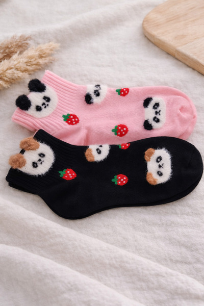 Yediler Tekstil 2 Çift Panda - Çilek Desenli Kadın Soket Çorap