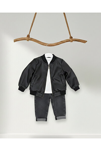 Baby Bebek Kolej Yaka Deri Ceketli ve Füme Denim 3’lü Takım