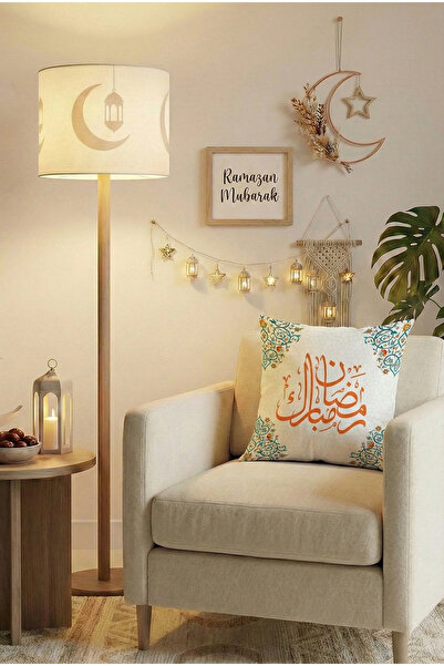 Cango Home Mavi Turuncu Motifli Ramazan Temalı 4'lü Kırlent Kılıfı 1 Runner Seti 4kMBS332-RS