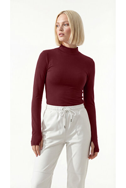 uyguntarz Kadın Bordo Parmak Detaylı Yarı Balıkçı Yaka Body