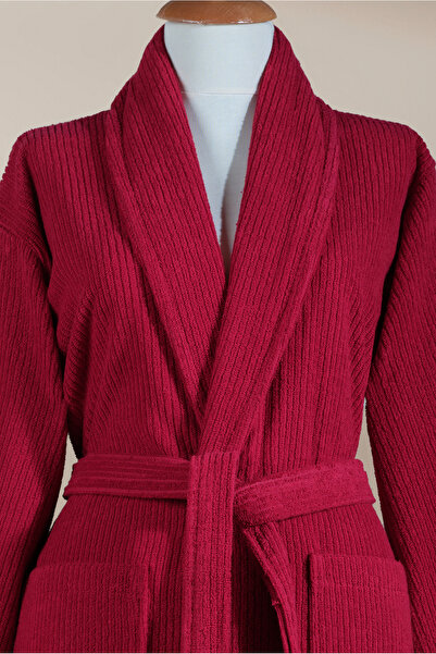 Ellaline Halat de baie cu dungi burgundy 100% bumbac certificat, guler șal, h...