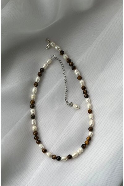 Taşmir قلادة عين النمر الطبيعية واللؤلؤ الأصلي - جهاز من الفولاذ المقاوم للصدأ