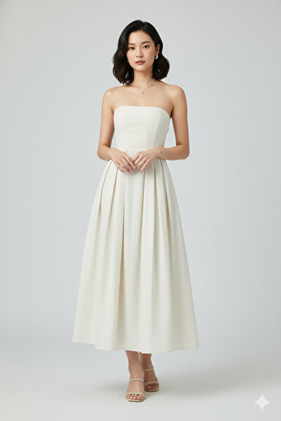 Distimi Strapless Pleat Detailed Long Dress Stone