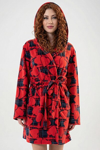 cotonhause Women's Long Sleeve Red Heart Patterned Mini Length Fleece Dressin...