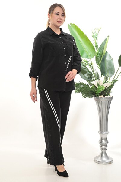 JERFİ Women's Black Denim Double Set with Stripes and Stone Details, Large Size