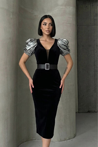 ALFUDO Moda Collection Women's Belted Balloon Sleeve Midi Velvet Dress