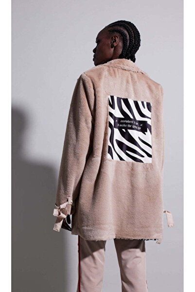 Nobrand Beige Faux Fur Coat with print