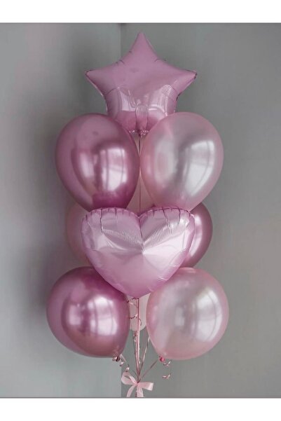 Çemrek Süs Parti Pink Star Heart Foil Balloon Balloon Bundle Set of 12