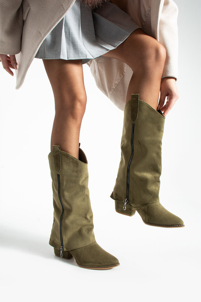 irmona Diva Khaki Suede Boots with Zipper Detail and 6 cm Heel