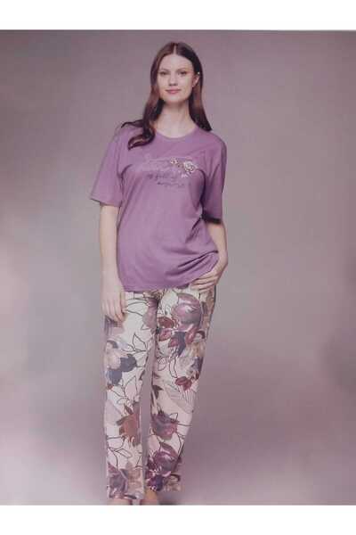 3nbe طقم بيجامة نسائي مقاس كبير بأكمام قصيرة لون بنفسجي 2461