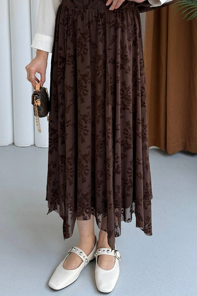 DEFNECE BUTİK Floral Embroidered Tulle Skirt - Brown