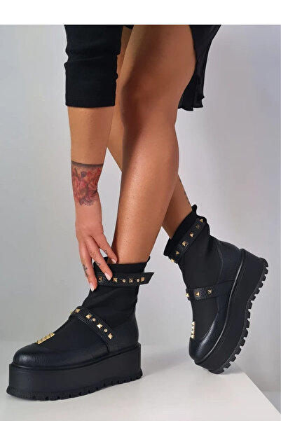 GARKONY Boots Black Genuine Leather and Black Neoprene Brescia