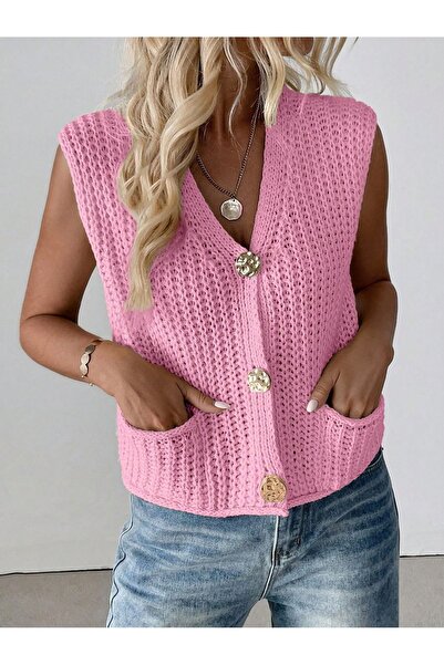 WE AND ME Women's V-Neck Buttoned Pocket Knitwear Vest