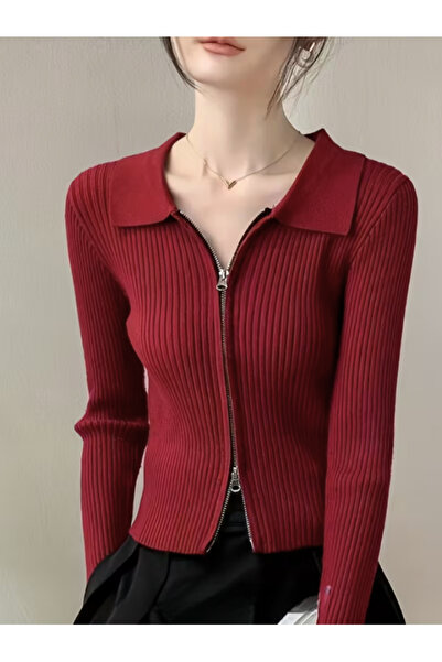 MOONBULL Women's Double Zipper Polo Neck Corded Fabric Cardigan