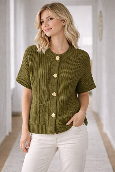 WE AND ME Women's Crew Neck Buttoned Short Sleeve Knit Cardigan – with Pockets
