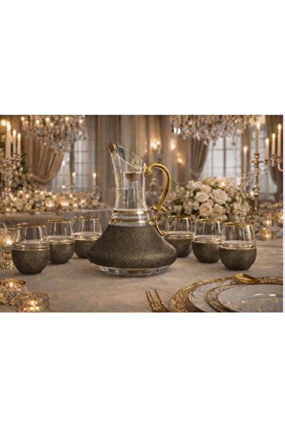 kısmet kristal 7 Piece Water Set with Gilt Detailing, 6 Glasses and Stylish J...