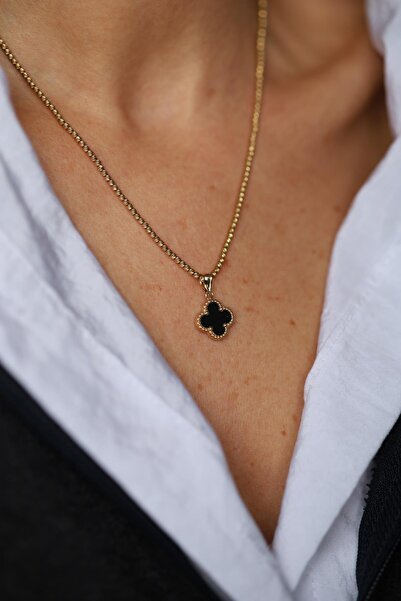 Yenigün Kuyumculuk 14 Ayar Altın Siyah Taşlı Yonca Kolye Ucu