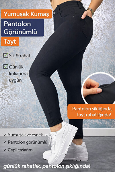 AzraKotan Pantolon Görünümlü Yumuşak Kumaş Günlük Tayt – Yüksek Bel, Cep Detaylı