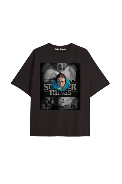 Gries Stranger Things Printed Oversized Unisex T-Shirt Black