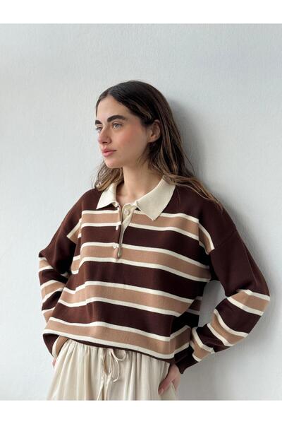 Retrobird Polo Neck Striped Knit Sweater Women's Cognac Tan