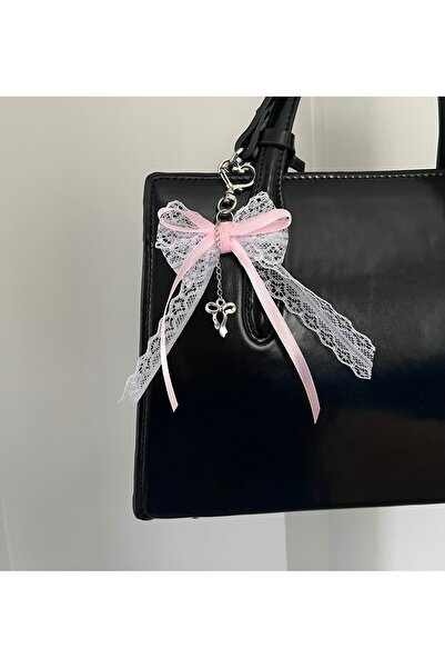coquette butik Coquette Core Lace Bow Bag Ornament - Pink Ribbon Design Keych...