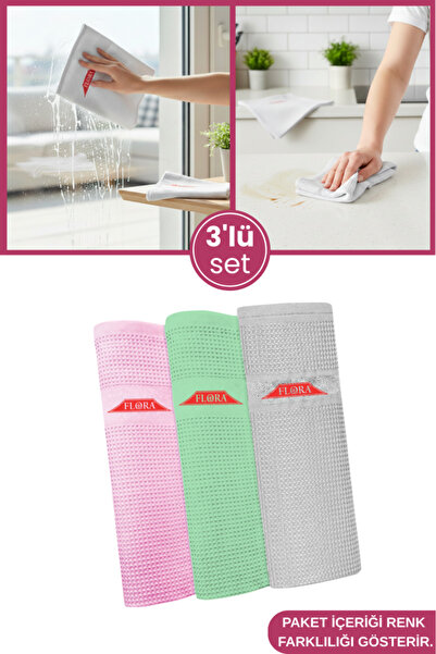 Flora 3 Adet Mikrofiber Cam ve Yüzey Temizlik Bezi, Islak Kuru Kullanım Leke ...